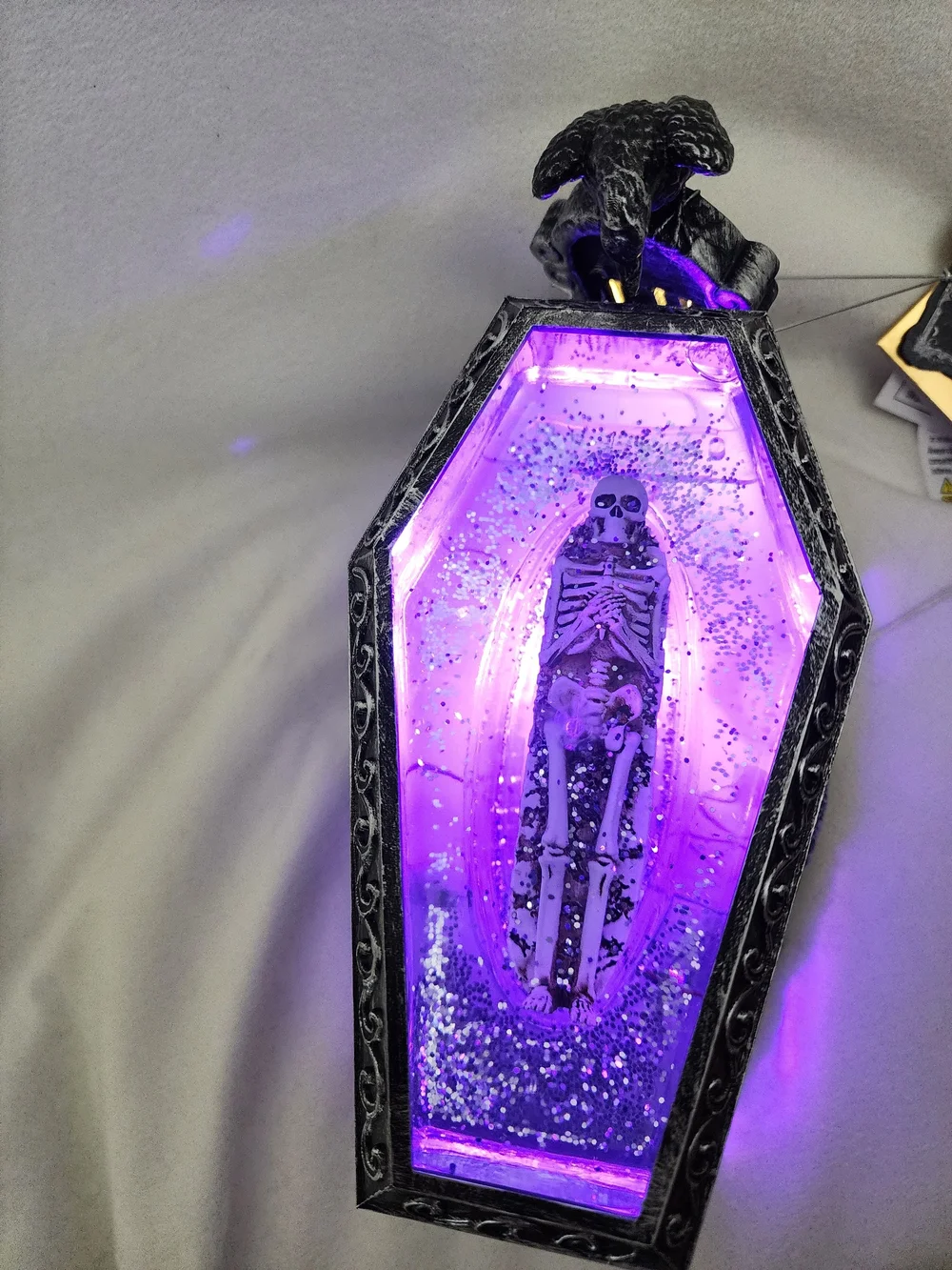 Silver Gothic Raven Glass Lightup Coffin Skeleton Décor